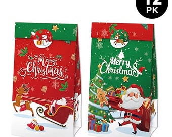 Merry Christmas Paper Gift Bags with Stickers 12PK | Xmas Party Gift Bags