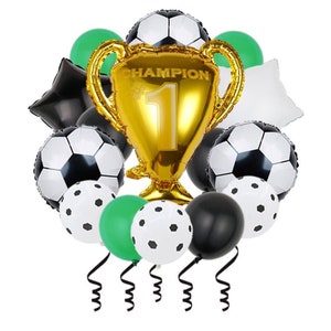 15Pcs Soccer Balloon Set | Green White Black Soccer Ball Gold Champion Trophy Foil Balloon for Sports Theme Birthday Party Decorations