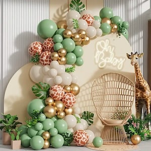 137pcs Jungle Theme Balloon Garland Arch Kit | Sage Green Sand Giraffe Print Balloons | Wild One Baby Shower Birthday Party Decorations