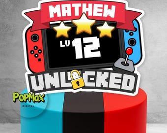 Personalised Video Game Level Unlocked Birthday Cake Topper | Custom Name & Age | Boys Birthday Party Decoration
