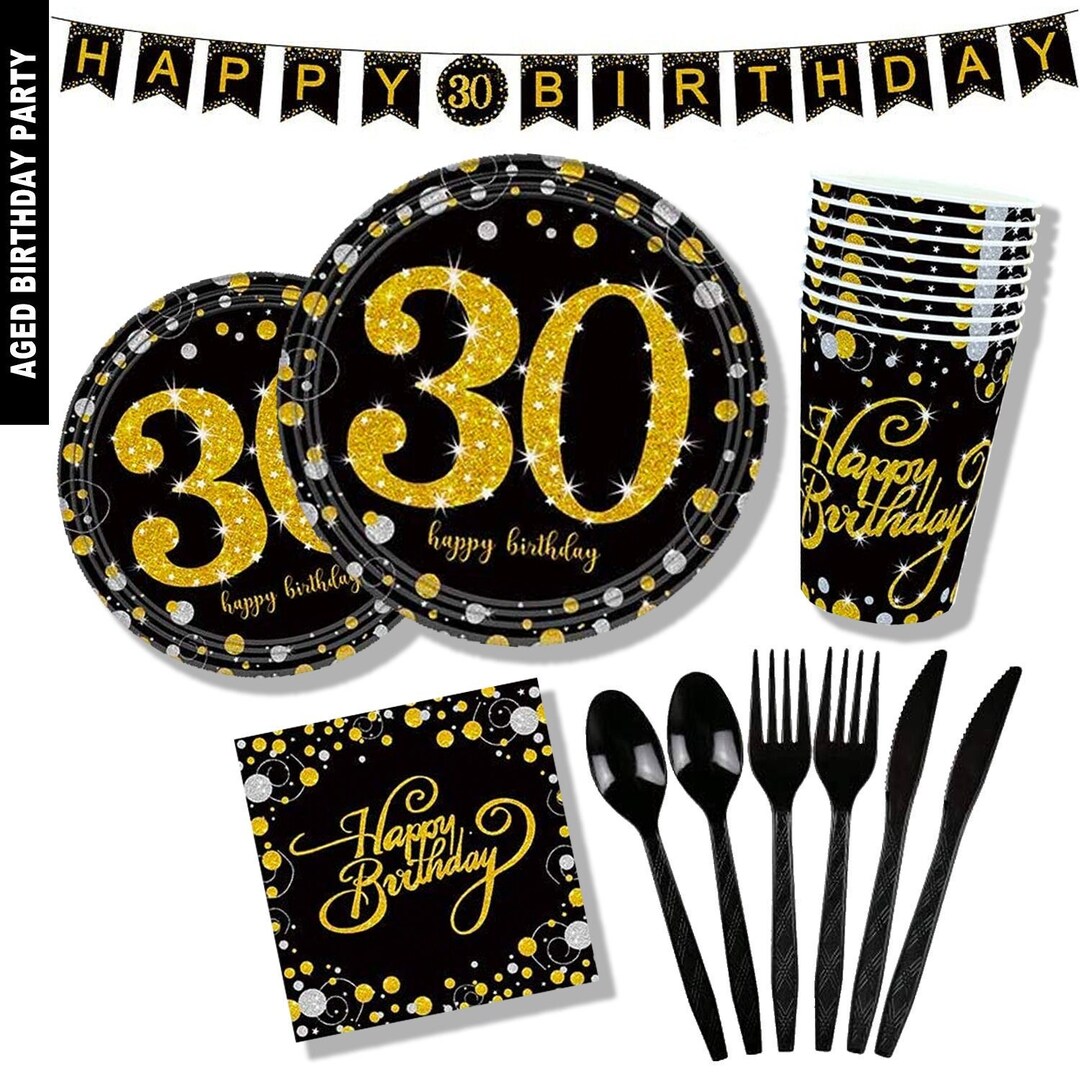 30th Birthday Black and Gold Party Supplies Disposable Paper Tableware ...