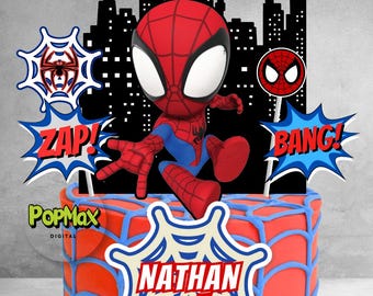 8pcs Personalised Birthday Cake Topper | Custom Name & Age | Spidey Kids Superhero Theme Birthday Party Decoration