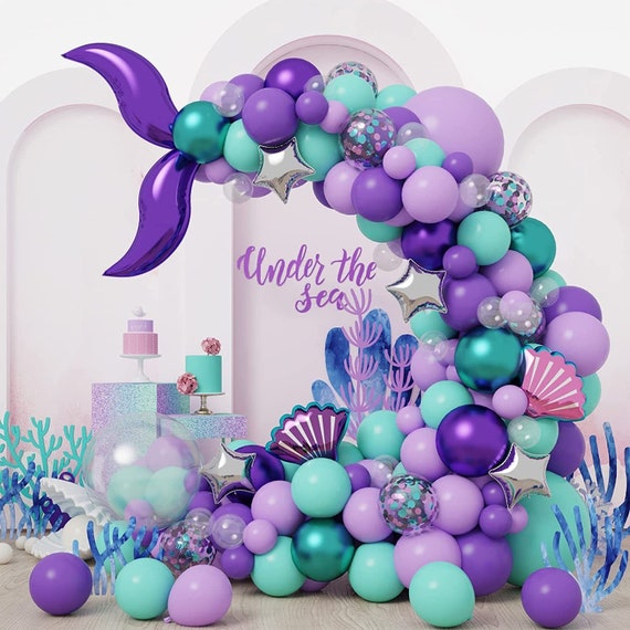 136pcs Mermaid Tail Balloon Garland Kit | Macaron Purple Tiffany Blue Balloons | Kids Under the Sea Theme Birthday Baby Shower Party Decor