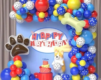 132pcs Paw Print Red Yellow Blue Balloon Garland Arch Kit | Pets Puppy Dogs Theme Birthday Party Decorations