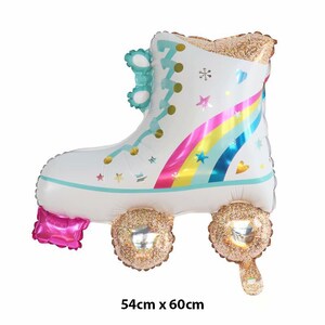 May include: A white and blue roller skate shaped foil balloon with a rainbow, stars, and hearts. The wheels are gold glitter. The balloon is 54 inches by 60 inches.