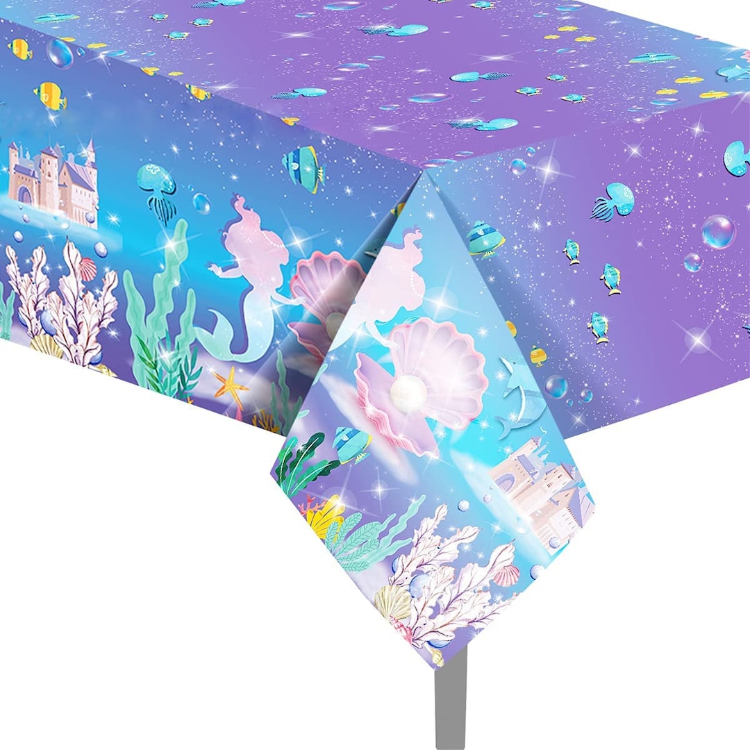 Mermaid Table Cover Sea World Theme Ocean Blue Purple Tablecloth for
