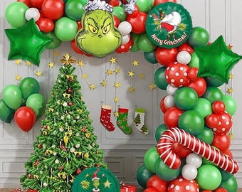 Grinch Christmas Theme DIY Balloon Garland Kit Red Green White Balloons Xmas Decorations