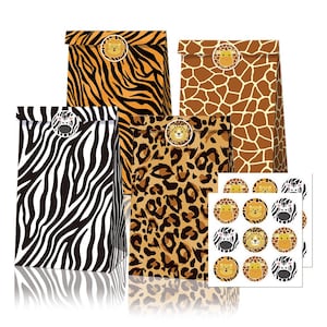 Lot de 12 sacs à butin en papier imprimé animal de la jungle | 18 autocollants | Sacs-cadeaux d'anniversaire Lolly Party Favors