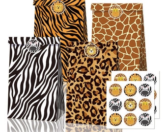 12Pcs Jungle Animal Print Paper Loot Bag | 18pcs Stickers | Birthday Lolly Gift Bags Party Favours