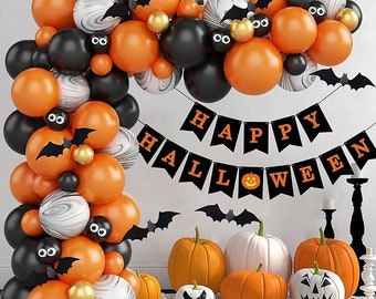 113pcs Halloween Theme Balloon Garland Kit | Happy Halloween Party Banner Bat Eyeball Orange Black Gold Marble Balloons Party Decor