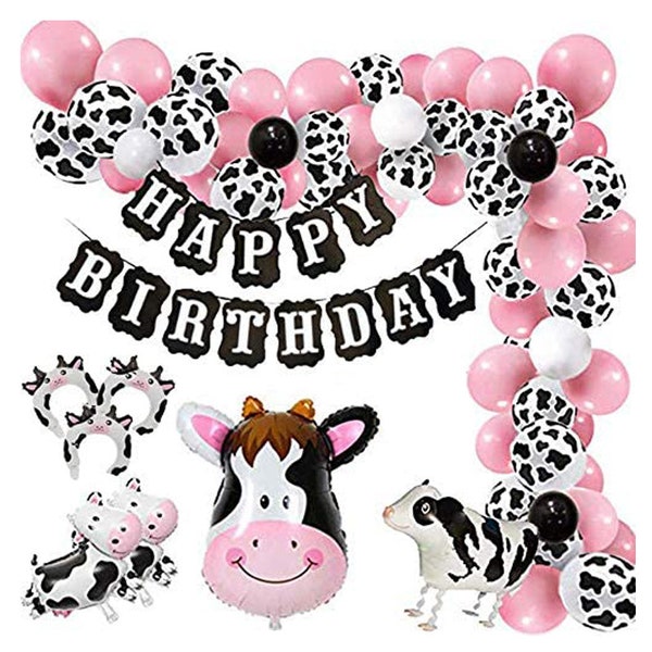 102Pcs Farm Theme Balloon Garland Arch Kit | Pink Black White Cow Pattern Balloons | Walking Balloon | Head Wear Balloon | Birthday Banner