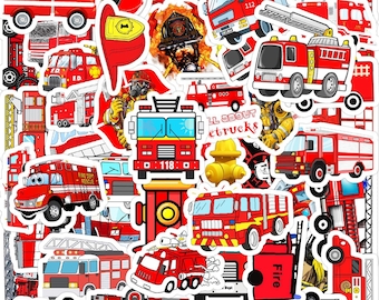 50pcs Fire Trucks Theme Vinyl Stickers | Die Cut Waterproof Reusable Stickers | Journal Laptop Phone Mug Case