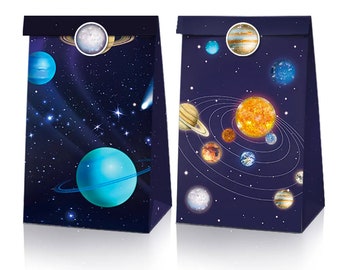 12pcs Outer Space Planets Party Loot Bags | 18pcs Mini Stickers | Universe Galaxy Theme Birthday Party Favour Gift Bags