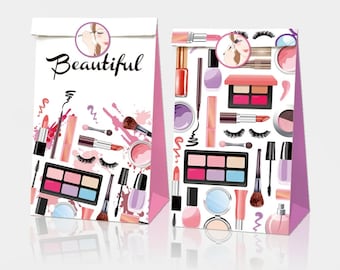 12pcs Girls Sweet Makeup Lipsticks Party Loot Bags | 18pcs Mini Stickers | Cosmetic Theme Party Favour Bags