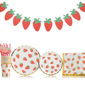 Strawberry Tableware | Party Banner | Paper Plates | Cups | Napkins | Cupcake Toppers | Paper Straws |  Summer Fruit Theme Party Supplies