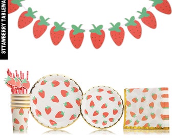 Strawberry Tableware | Party Banner | Paper Plates | Cups | Napkins | Cupcake Toppers | Paper Straws |  Summer Fruit Theme Party Supplies