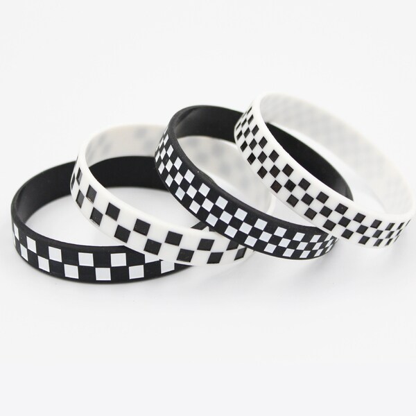 12pcs Black and White Checkered Rubber Bracelets |  Racing Car Formula 1 Theme Silicone Wristbands for Sports Club Kids Party Favour