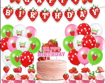 Strawberry Party Decorating Set | Birthday Banner | Latex Balloons | Cake Cupcake Toppers for Summer Farm Fruit Theme Kids Birthday Decor