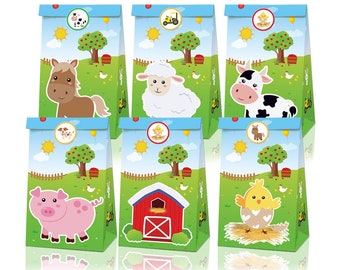 May include: Six colorful party favor bags with different farm animal designs. Each bag features a blue, green, and yellow background with a farm animal, a red barn, and a tractor. The bags are perfect for a farm-themed party.