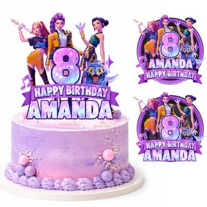 May include: A round cake with light purple frosting, decorated with small pink and purple spheres and piped borders. A cake topper features three animated characters, a blue cat-like creature, the number 8, and the text Happy Birthday Amanda.