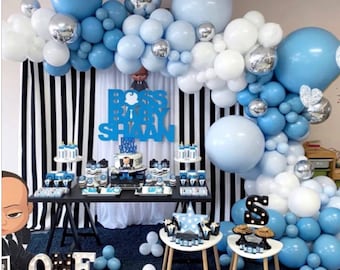 Blue White Metallic Silver Balloon Garland Kit | Suitable for Boss Baby Theme Birthday Party Decorations
