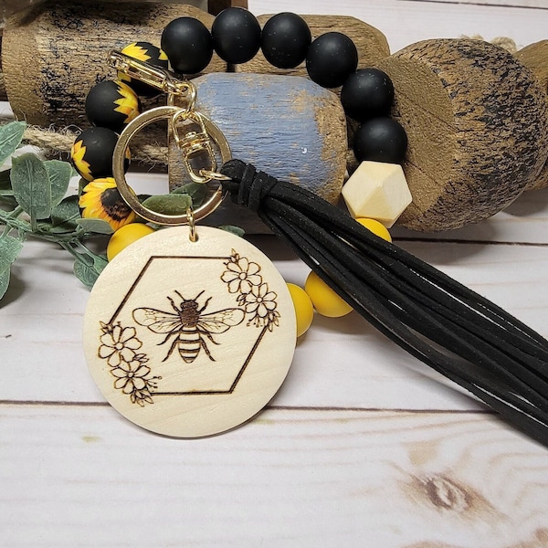 Personalized Silicone Bangle Key Ring, Bee Key Ring, Bee Gift, Bee Bangle, Sunflower Bangle