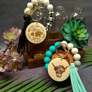 Mama Bear Buffalo Plaid Personalized Silicone Bangle Key Ring, Highlander Cow, Goat, Sloth Mode