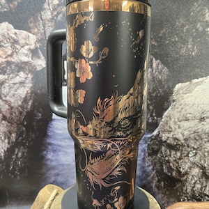 40oz Chinese Dragon Tumbler, Personalized Engraved Tumbler, Black and Copper Plated Tumbler, Full Wrap Tumbler, 40oz Engraved Tumbler