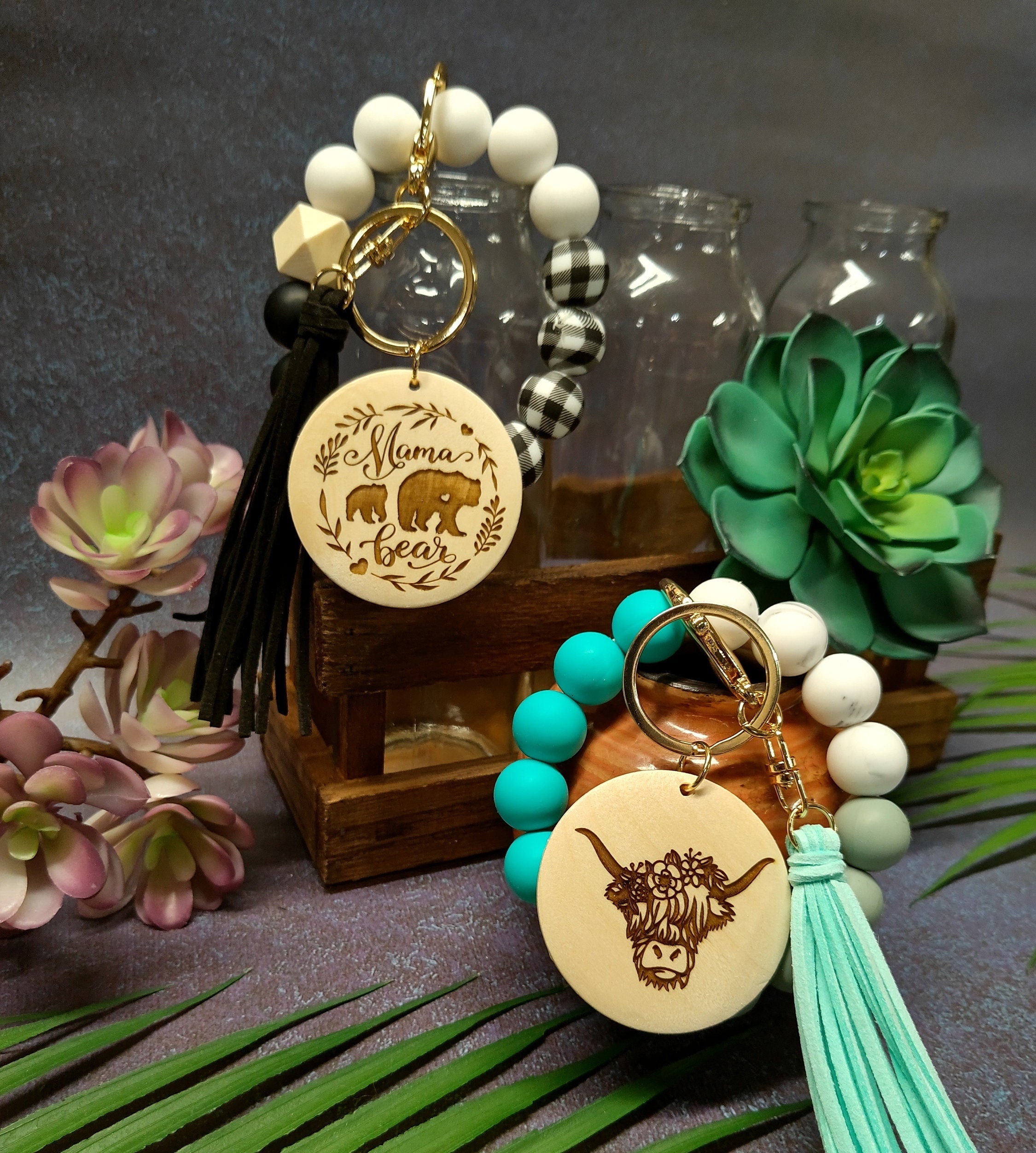 Mama Bear Buffalo Plaid Personalized Silicone Bangle Key Ring, Highlander Cow, Goat, Sloth Mode