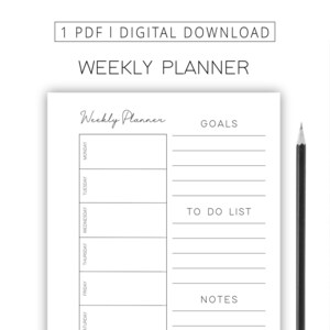 May include: A black and white printable weekly planner with sections for goals, to do list, and notes. The planner has a simple design with a handwritten font.