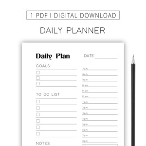 Daily Planner l Digital Download l Printable l Gray l Hourly Schedule l Water Tracker l Meal Tracker l Black and White l Minimalist l Modern