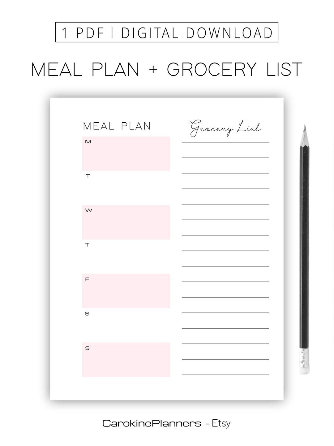 Meal Planner + Grocery List L Digital Download L Printable L Pink L ...