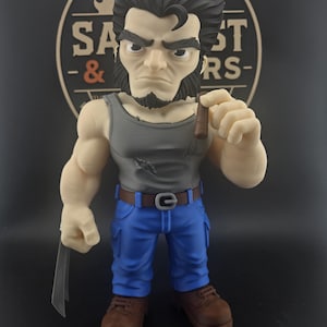 May include: A stylized vinyl figure of a character with black hair and sideburns, wearing a grey tank top with a small tear, blue pants with a brown belt, and brown boots. The figure holds a brown cigar in one hand and has a silver blade attached.