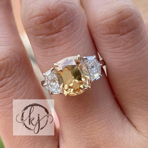 7.74 Ct Champagne Color Elongated Cushion VVS1 Moissanite, Engagement Three Stone Solitaire Ring, 10K / 14K / 18K Yellow Gold, Gift For Her