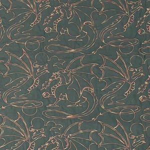 May include: A dark green fabric featuring a repeating pattern of copper-colored line art dragons. Each dragon is depicted in profile with wings spread, breathing fire, and surrounded by swirling decorative lines that connect the motifs.