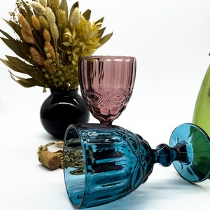 Colored Wine/Water Glasses, Goblets, Vintage Style, Set of 4, Heavy Pressed Glass