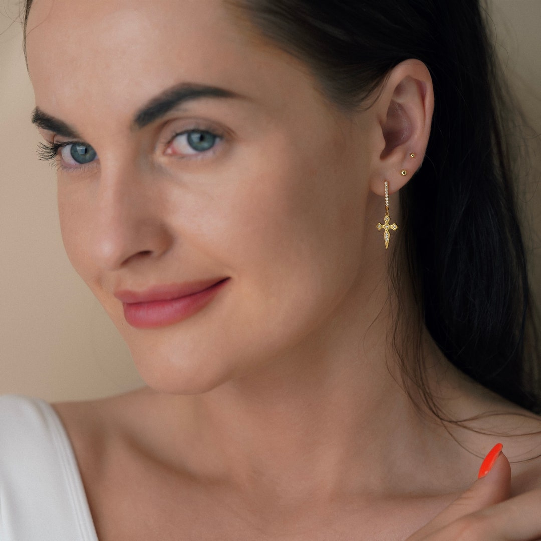 925 Sterling Silver Diamond Cross Dangle Earrings, Zircon Earrings