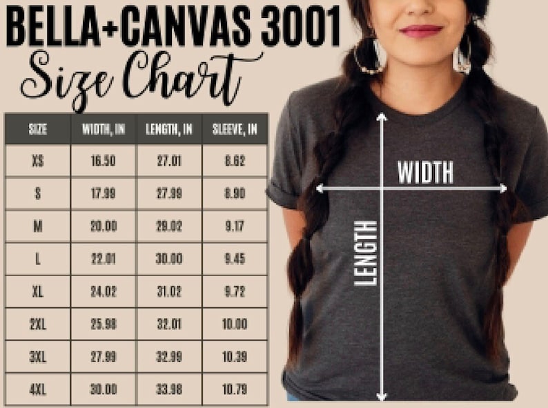 May include: A size chart for BELLA+CANVAS 3001 t-shirts, with measurements in inches. The chart includes sizes XS to 4XL, detailing width, length, and sleeve length. A person is wearing a gray t-shirt, with arrows indicating width and length.