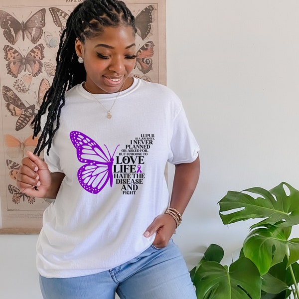 Lupus Is a Journey T-Shirt, Butterfly, In May We Wear Purple Lupus Awareness Shirt, Purple Ribbon, Lupus Support T-shirt