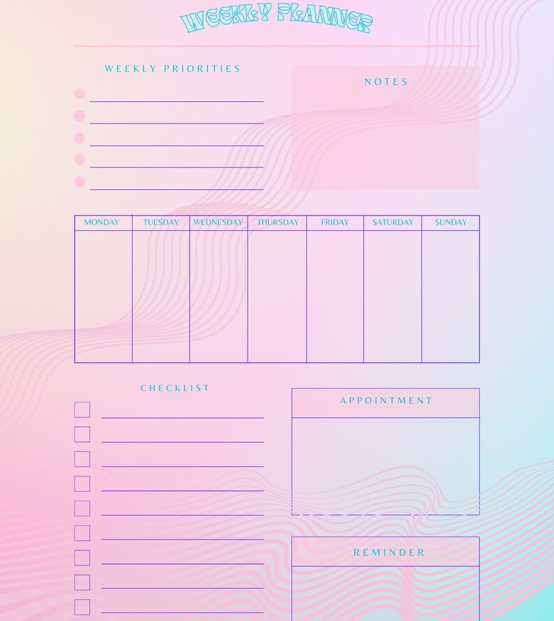 Pastel Pink Weekly Planner: Digital Download - Etsy