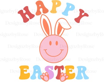 May include: Happy Easter graphic with a smiling bunny face and the words "Happy Easter" in rainbow colors.