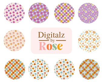 Puede incluir: Conjunto de 10 patrones de papel digital con caritas sonrientes, margaritas y otros diseños retro. Los patrones son de varios colores, incluyendo amarillo, naranja, rosa, azul y verde. El texto "Digitalz by Rose" se muestra en el centro de la imagen.