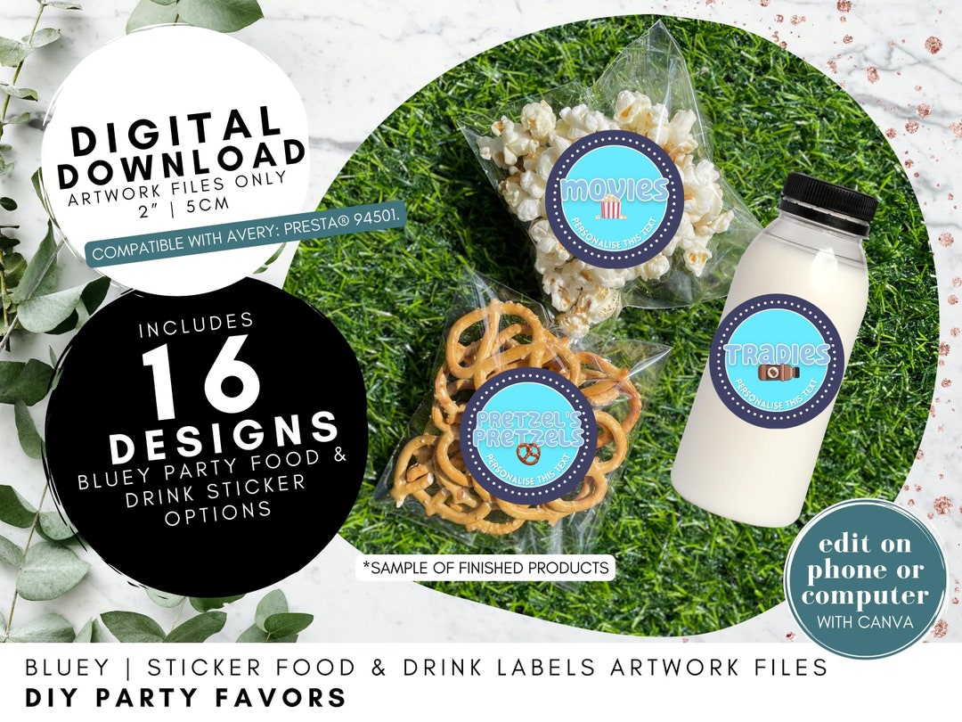 Bluey Party Favor Food and Drink Labels X16 Circle 2 Sticker