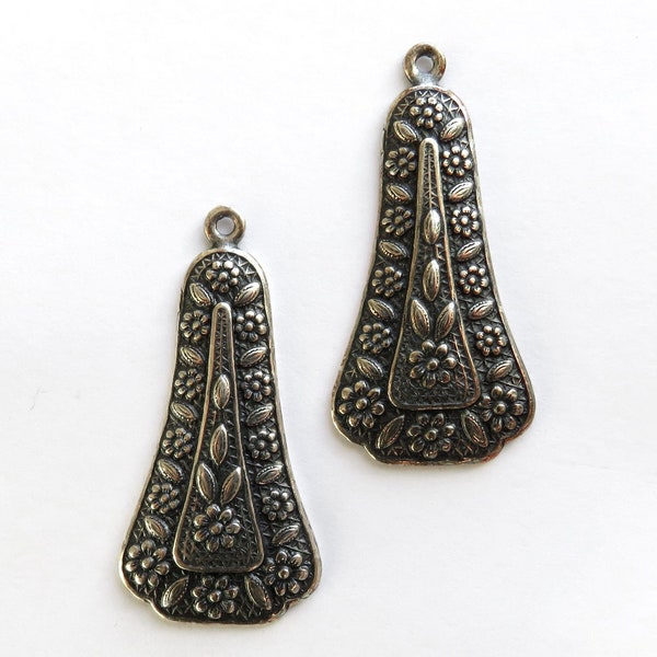 Antiqued Silver Floral Folk Pendant Drop Stamping - 2 Pieces