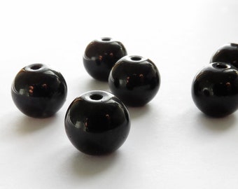 10mm Jet Black Round Glass Beads - 40 Beads