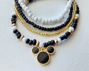 Black, Gold, and White Mickey Mouse Inspired Stretchy Bracelet Set