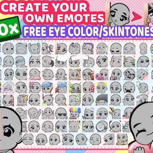 Puede incluir: Un conjunto de 100 emoticonos de personajes de dibujos animados con diferentes expresiones y accesorios. Los emoticonos son en blanco y negro y tienen un estilo simple y lindo. El texto "CREATE YOUR OWN EMOTES 100X FREE EYE COLOR/SKINTONES" está en la parte superior de la imagen.