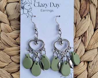 Decorative green heart and leaf earrings