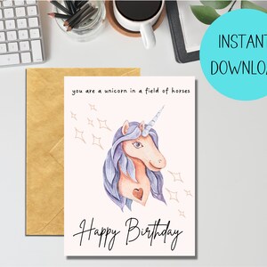 Happy Birthday Card, Unicorn, Pink, Punny, Funny, Birthday Card, Greeting Card, Printable