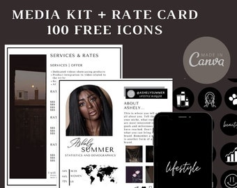 FREE ICONS Media Kit and Rate Card | Minimalist Media Kit Dark Theme | Media Kit Template Instagram Influencer, Canva Template,